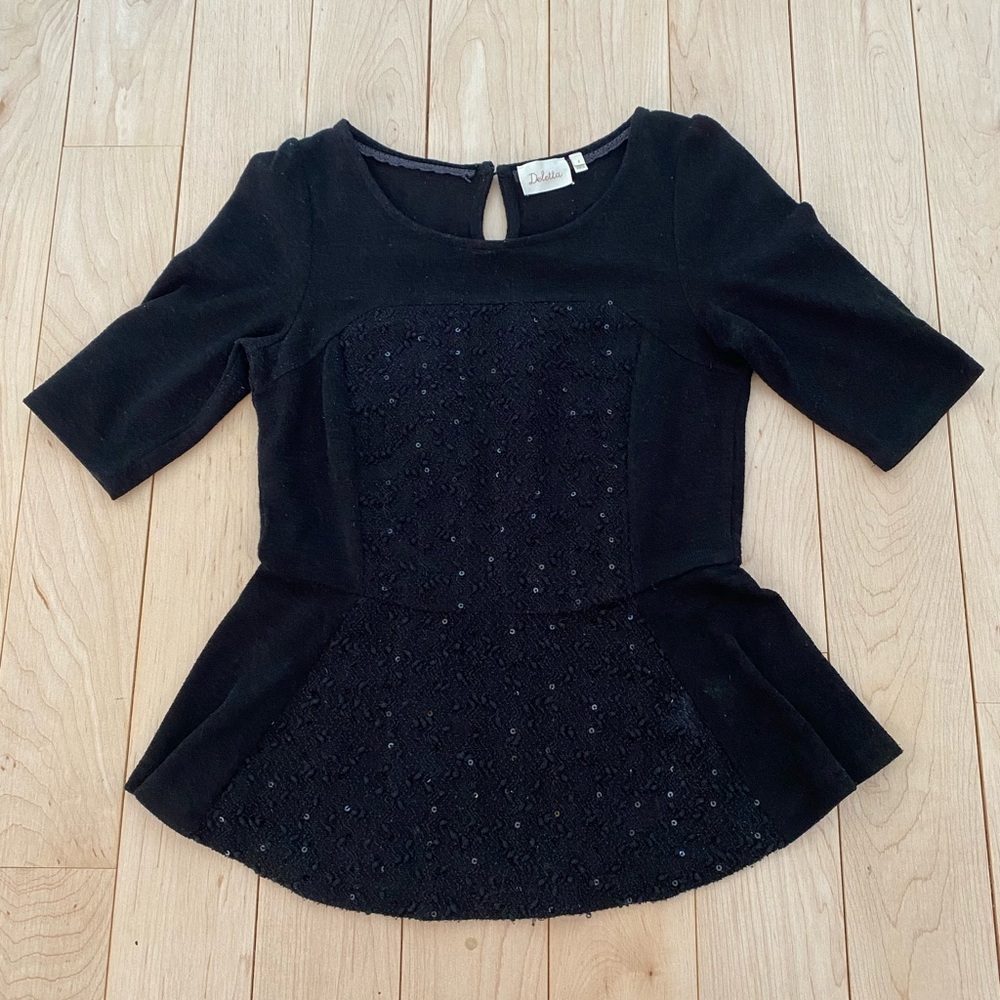 Anthropologie Deletta Black Sequined Peplum Sweater Top Size S
